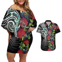 Meri Kirihimete New Zealand Couples Matching Off Shoulder Short Dress and Hawaiian Shirt Tui on Pohutukawa LT7 Black - Polynesian Pride