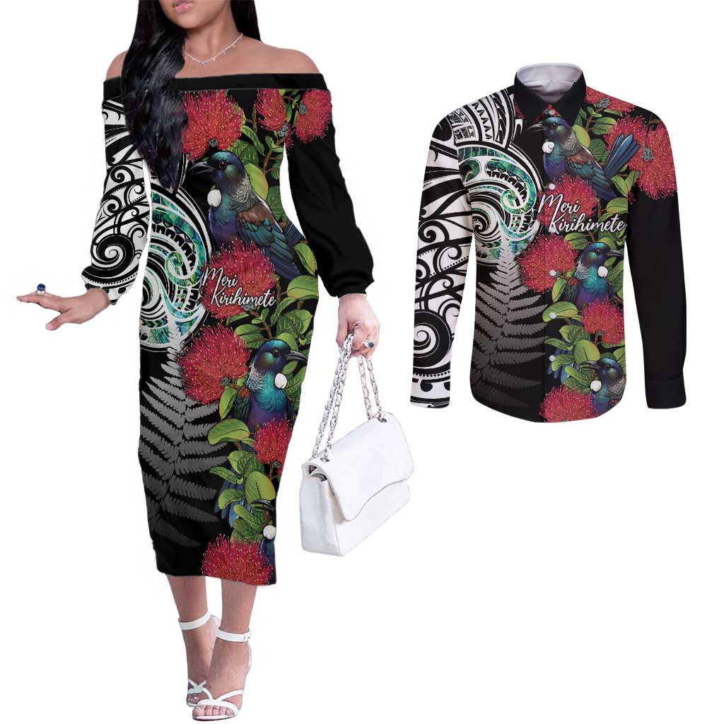 Meri Kirihimete New Zealand Couples Matching Off The Shoulder Long Sleeve Dress and Long Sleeve Button Shirt Tui on Pohutukawa LT7 Black - Polynesian Pride