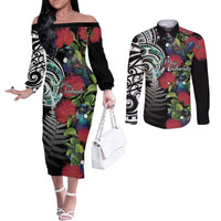 Meri Kirihimete New Zealand Couples Matching Off The Shoulder Long Sleeve Dress and Long Sleeve Button Shirt Tui on Pohutukawa LT7 Black - Polynesian Pride