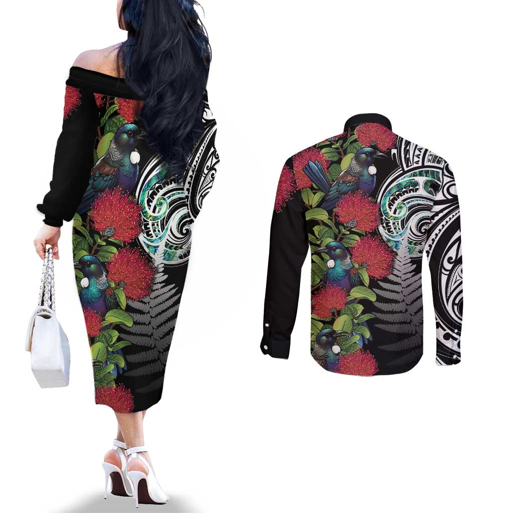 Meri Kirihimete New Zealand Couples Matching Off The Shoulder Long Sleeve Dress and Long Sleeve Button Shirt Tui on Pohutukawa LT7 - Polynesian Pride