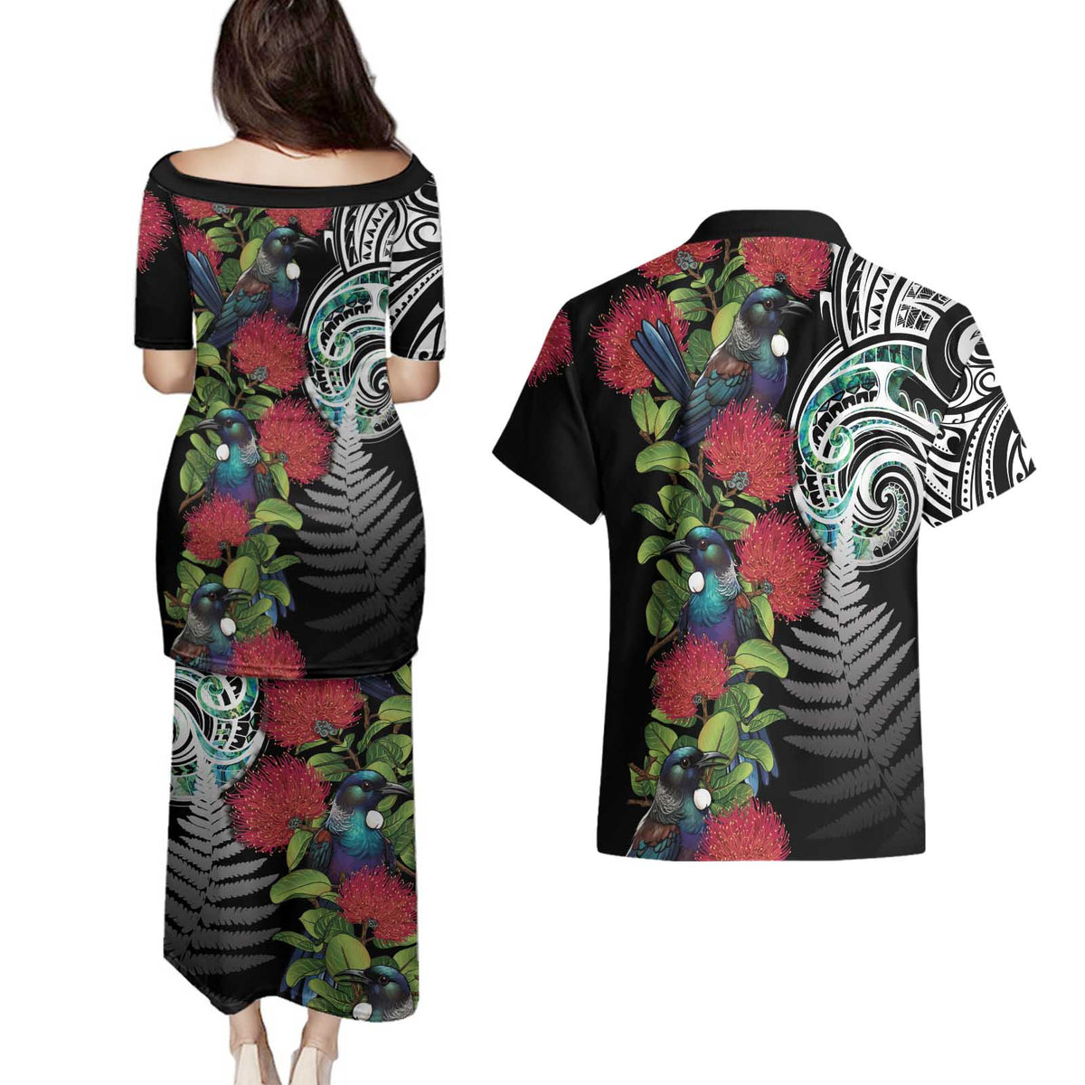 Meri Kirihimete New Zealand Couples Matching Puletasi and Hawaiian Shirt Tui on Pohutukawa LT7 - Polynesian Pride