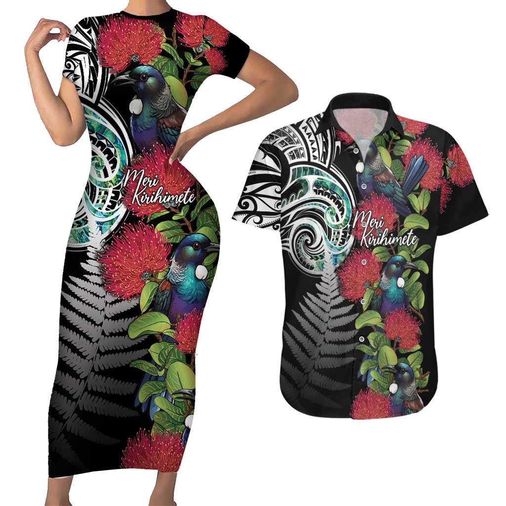 Meri Kirihimete New Zealand Couples Matching Short Sleeve Bodycon Dress and Hawaiian Shirt Tui on Pohutukawa