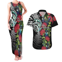 Meri Kirihimete New Zealand Couples Matching Tank Maxi Dress and Hawaiian Shirt Tui on Pohutukawa LT7 Black - Polynesian Pride