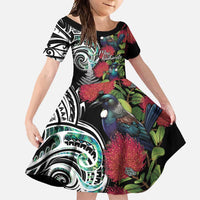 Meri Kirihimete New Zealand Family Matching Long Sleeve Bodycon Dress and Hawaiian Shirt Tui on Pohutukawa LT7 Daughter's Dress Black - Polynesian Pride
