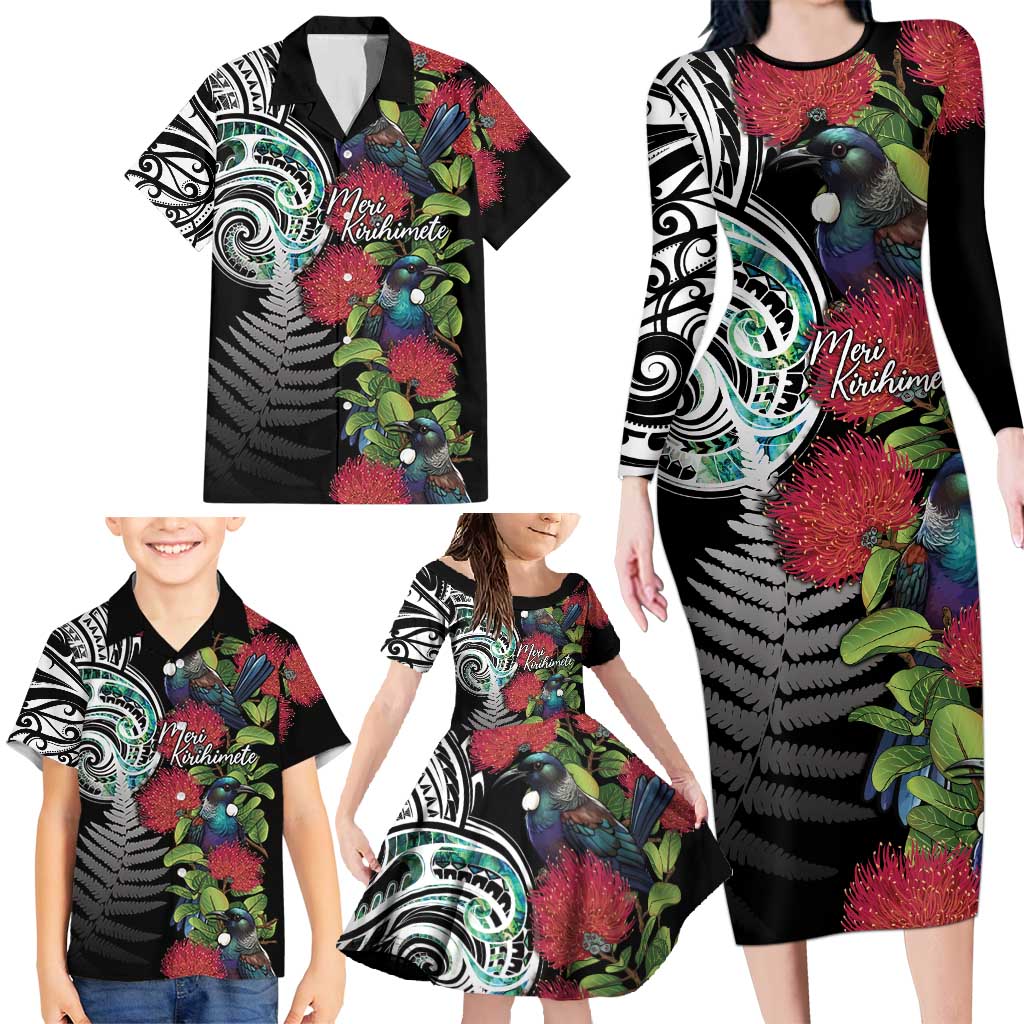 Meri Kirihimete New Zealand Family Matching Long Sleeve Bodycon Dress and Hawaiian Shirt Tui on Pohutukawa LT7 - Polynesian Pride