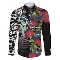 Meri Kirihimete New Zealand Family Matching Long Sleeve Bodycon Dress and Hawaiian Shirt Tui on Pohutukawa LT7 Dad's Shirt - Long Sleeve Black - Polynesian Pride