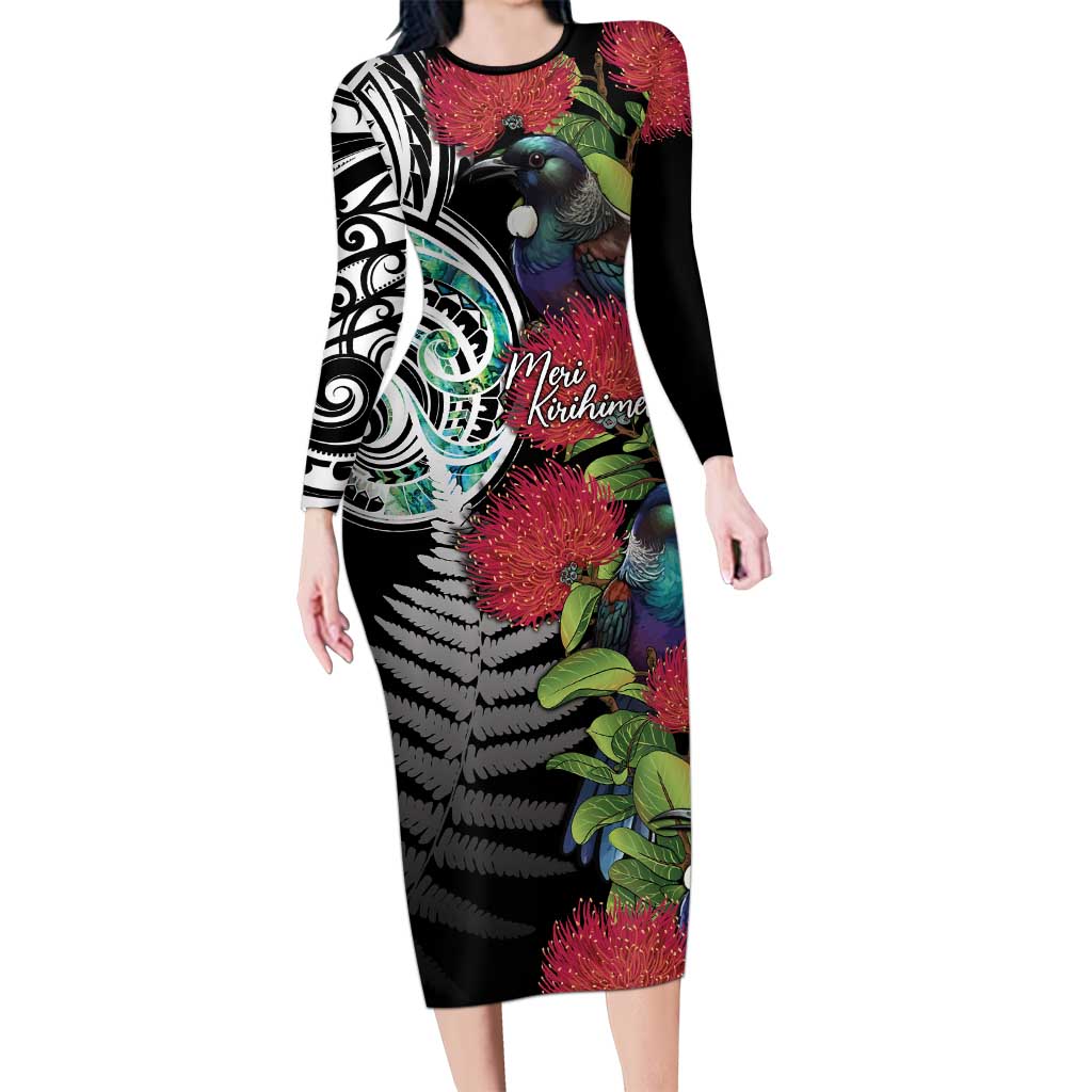 Meri Kirihimete New Zealand Family Matching Long Sleeve Bodycon Dress and Hawaiian Shirt Tui on Pohutukawa LT7 Mom's Dress Black - Polynesian Pride