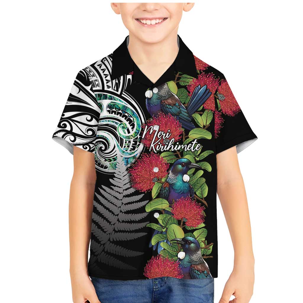 Meri Kirihimete New Zealand Family Matching Mermaid Dress and Hawaiian Shirt Tui on Pohutukawa LT7 Son's Shirt Black - Polynesian Pride