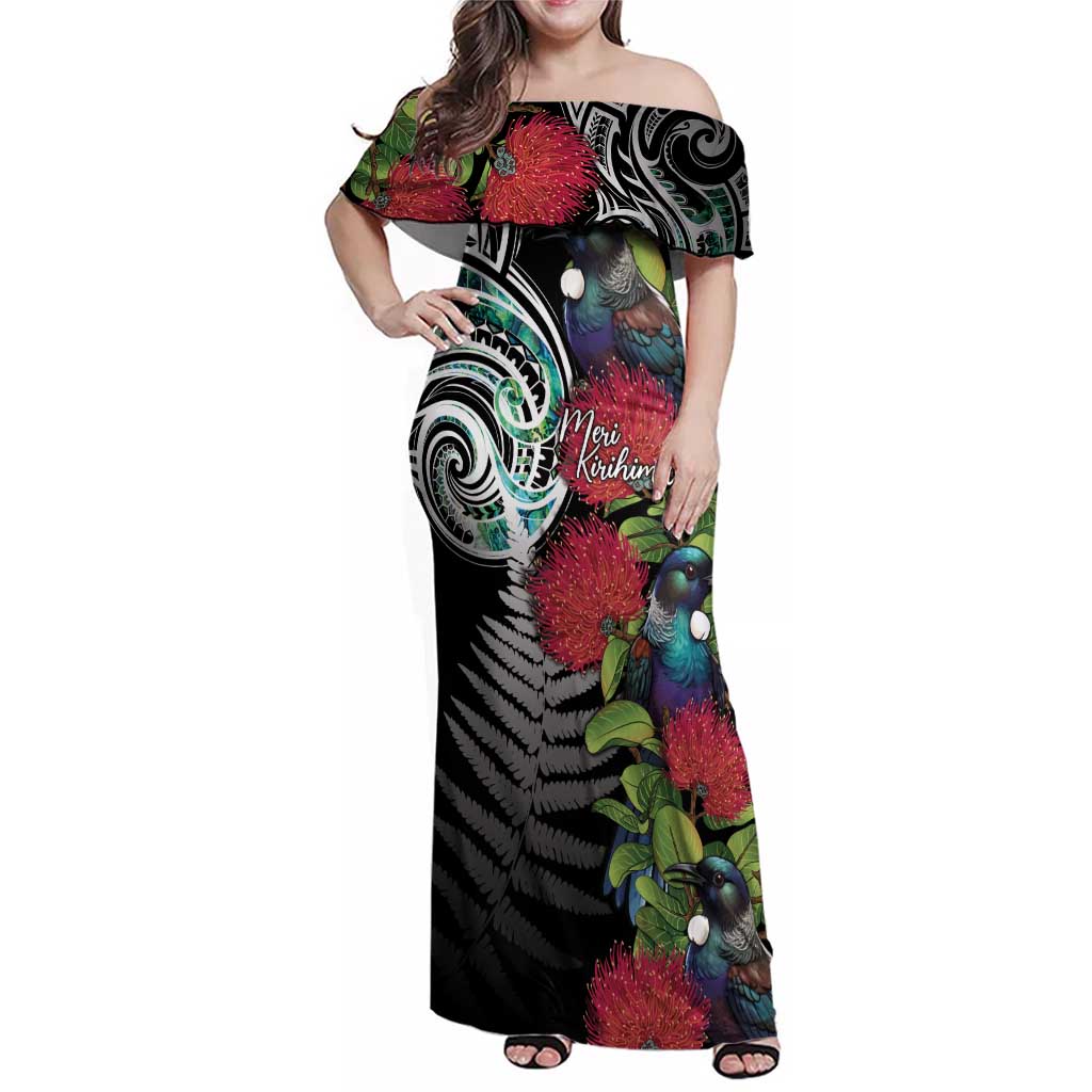 Meri Kirihimete New Zealand Family Matching Off Shoulder Maxi Dress and Hawaiian Shirt Tui on Pohutukawa