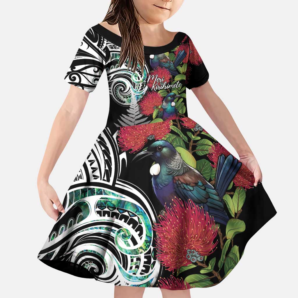 Meri Kirihimete New Zealand Family Matching Puletasi and Hawaiian Shirt Tui on Pohutukawa LT7 Daughter's Dress Black - Polynesian Pride