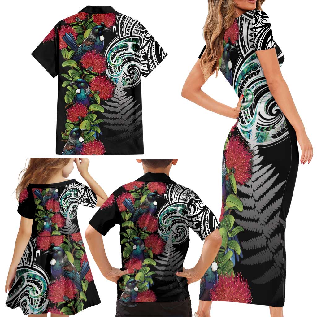 Meri Kirihimete New Zealand Family Matching Short Sleeve Bodycon Dress and Hawaiian Shirt Tui on Pohutukawa LT7 - Polynesian Pride