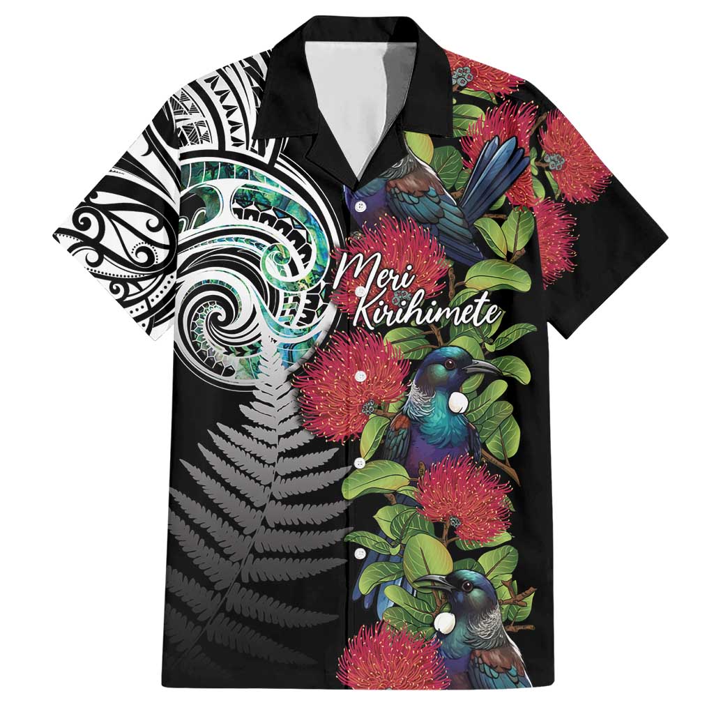 Meri Kirihimete New Zealand Family Matching Short Sleeve Bodycon Dress and Hawaiian Shirt Tui on Pohutukawa LT7 Dad's Shirt - Short Sleeve Black - Polynesian Pride