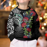 Meri Kirihimete New Zealand Kid Ugly Christmas Sweater Tui on Pohutukawa