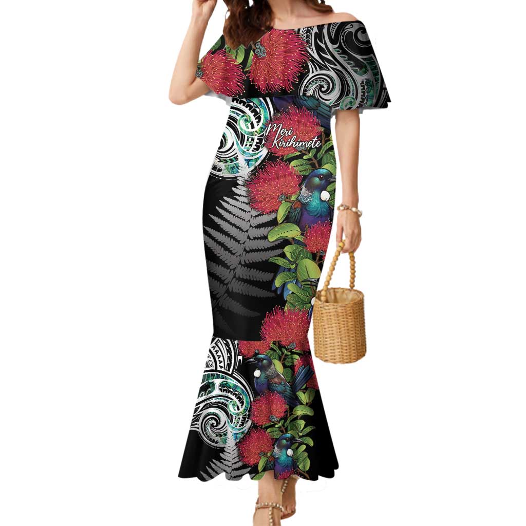 Meri Kirihimete New Zealand Mermaid Dress Tui on Pohutukawa LT7 Women Black - Polynesian Pride