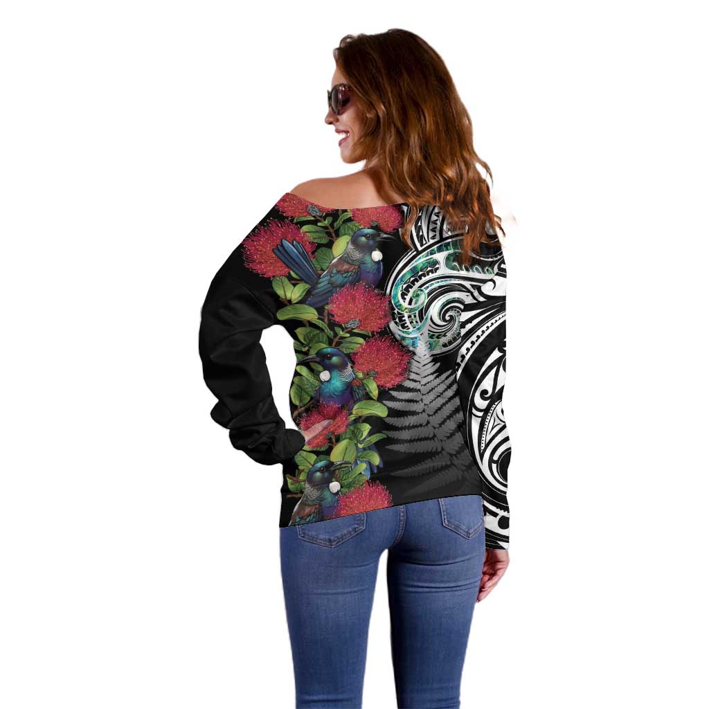 Meri Kirihimete New Zealand Off Shoulder Sweater Tui on Pohutukawa