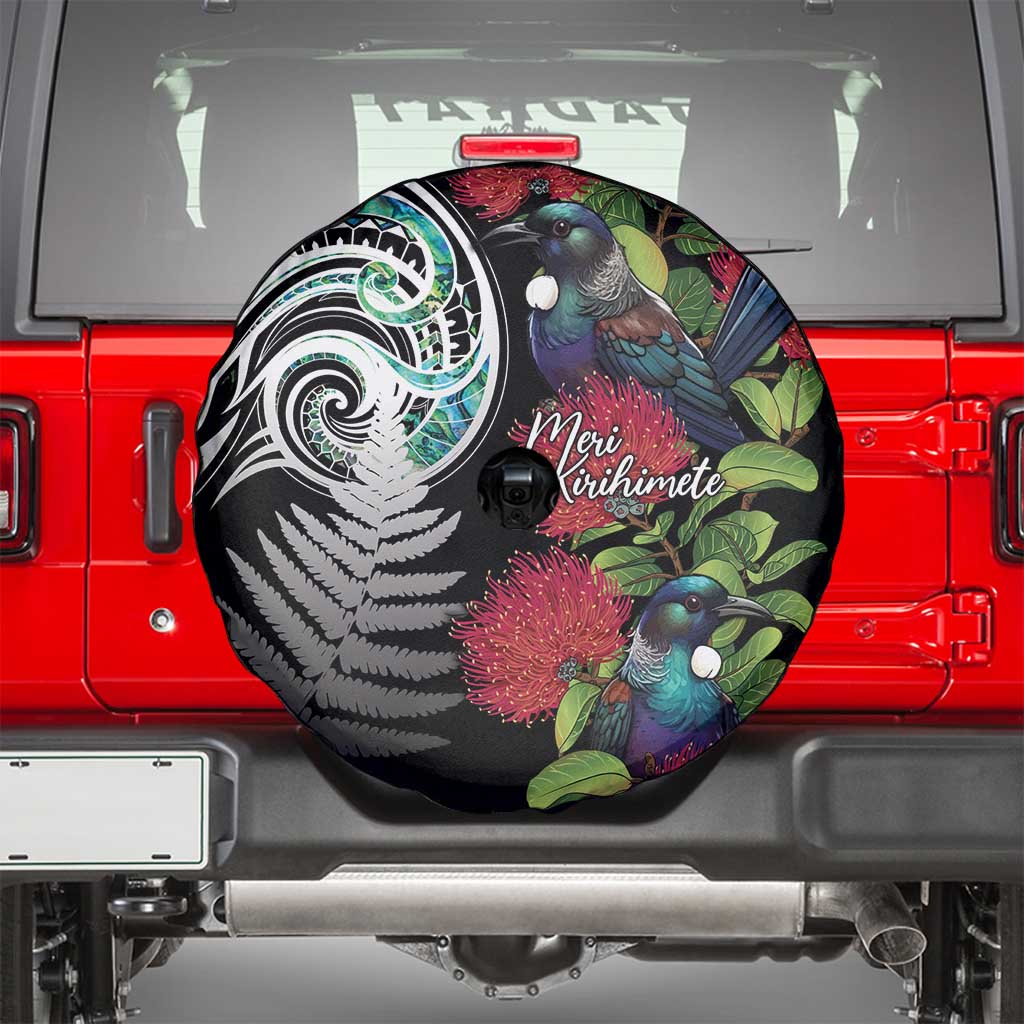 Meri Kirihimete New Zealand Spare Tire Cover Tui on Pohutukawa