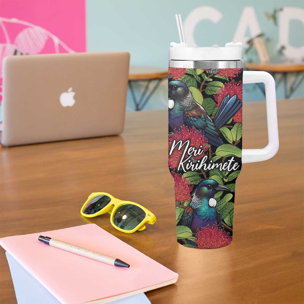 Meri Kirihimete New Zealand Tumbler With Handle Tui on Pohutukawa