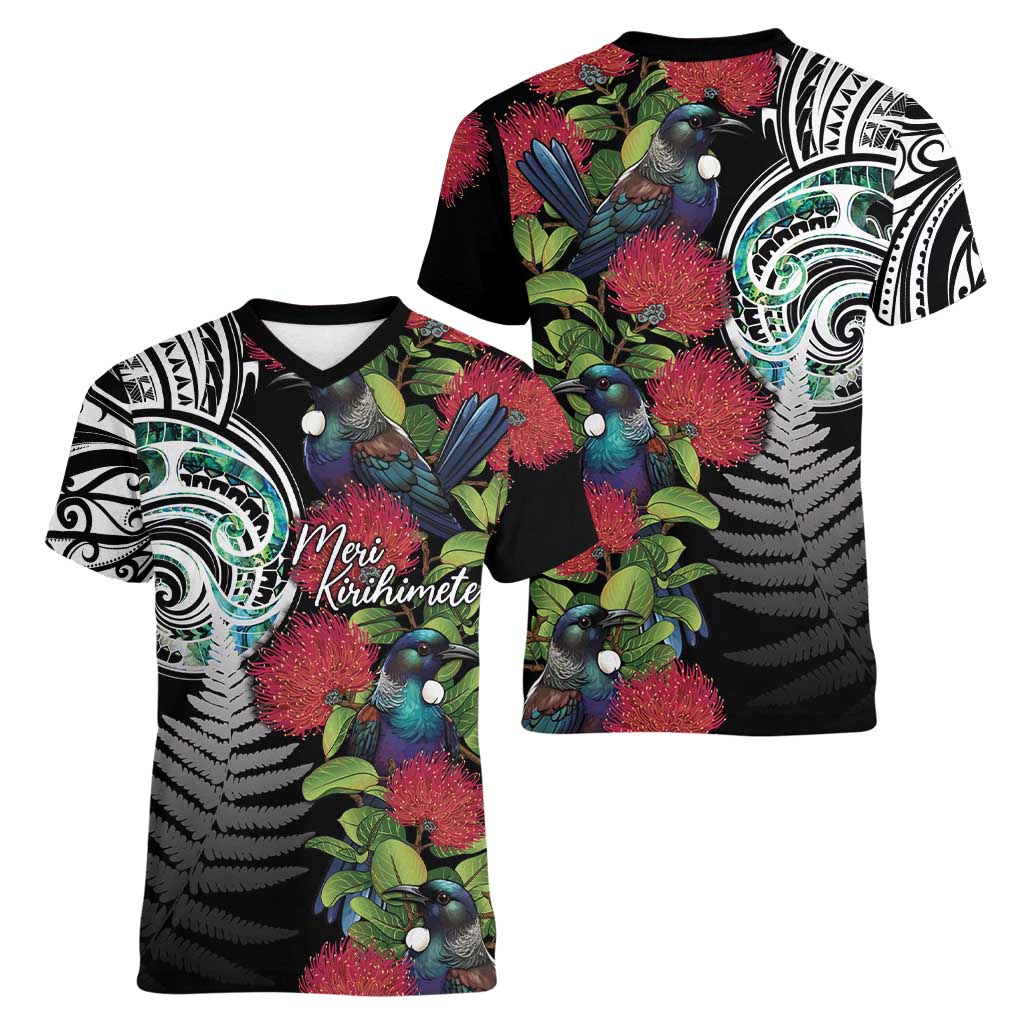 Meri Kirihimete New Zealand Women V-Neck T-Shirt Tui on Pohutukawa LT7 - Polynesian Pride