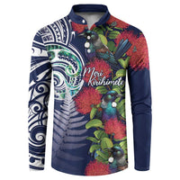 Meri Kirihimete New Zealand Button Sweatshirt Tui on Pohutukawa - Blue Ver