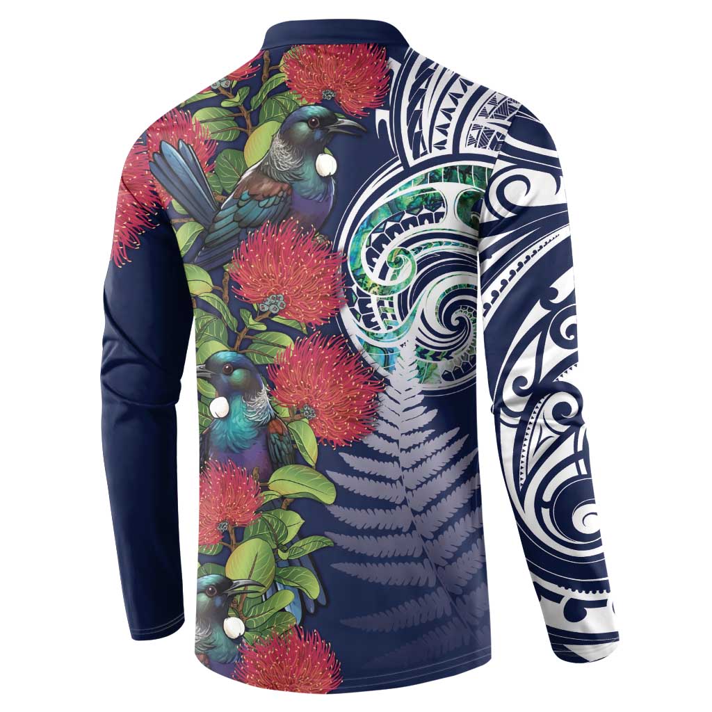 Meri Kirihimete New Zealand Button Sweatshirt Tui on Pohutukawa - Blue Ver