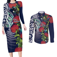 Meri Kirihimete New Zealand Couples Matching Long Sleeve Bodycon Dress and Long Sleeve Button Shirt Tui on Pohutukawa - Blue Ver LT7 Blue - Polynesian Pride