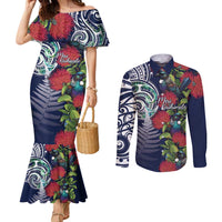 Meri Kirihimete New Zealand Couples Matching Mermaid Dress and Long Sleeve Button Shirt Tui on Pohutukawa - Blue Ver LT7 Blue - Polynesian Pride