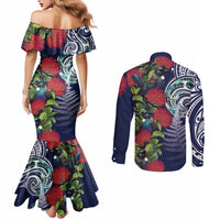 Meri Kirihimete New Zealand Couples Matching Mermaid Dress and Long Sleeve Button Shirt Tui on Pohutukawa - Blue Ver LT7 - Polynesian Pride