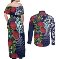 Meri Kirihimete New Zealand Couples Matching Off Shoulder Maxi Dress and Long Sleeve Button Shirt Tui on Pohutukawa - Blue Ver LT7 - Polynesian Pride