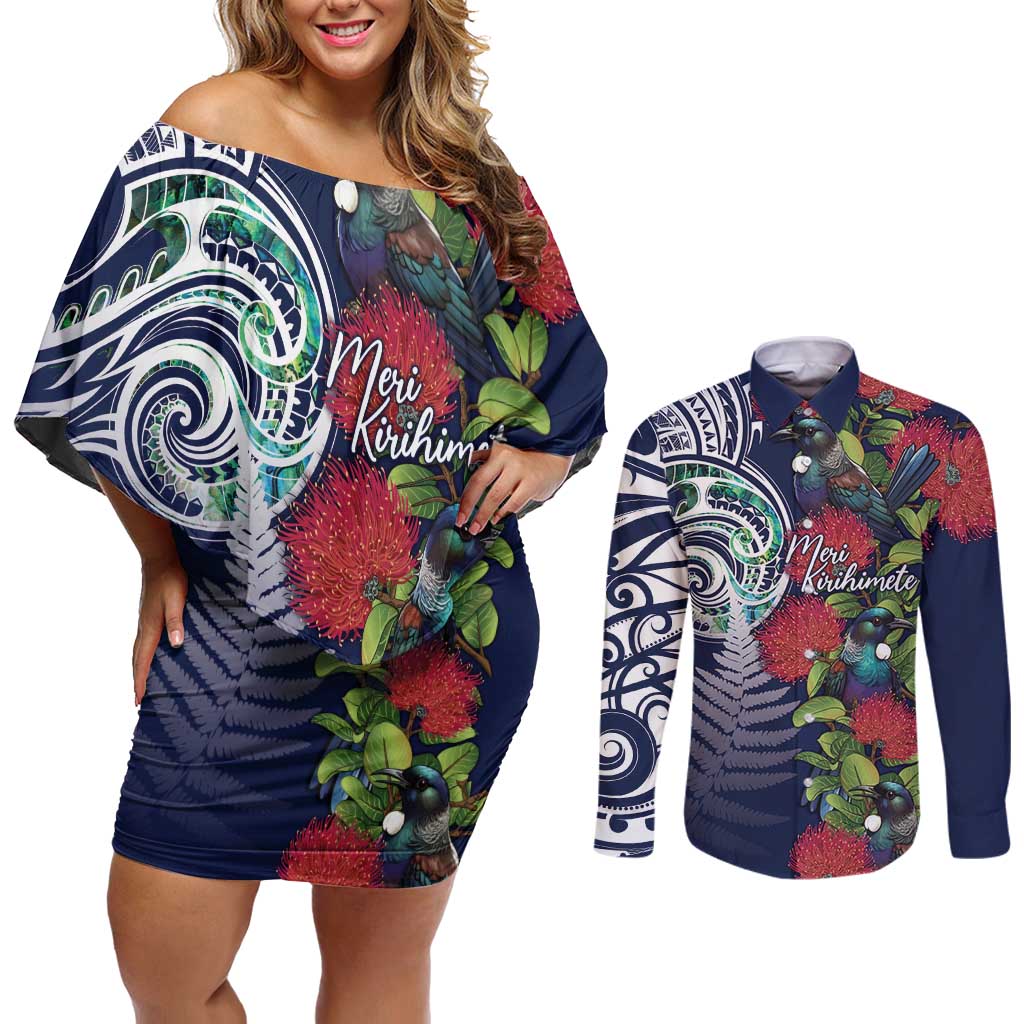 Meri Kirihimete New Zealand Couples Matching Off Shoulder Short Dress and Long Sleeve Button Shirt Tui on Pohutukawa - Blue Ver LT7 Blue - Polynesian Pride