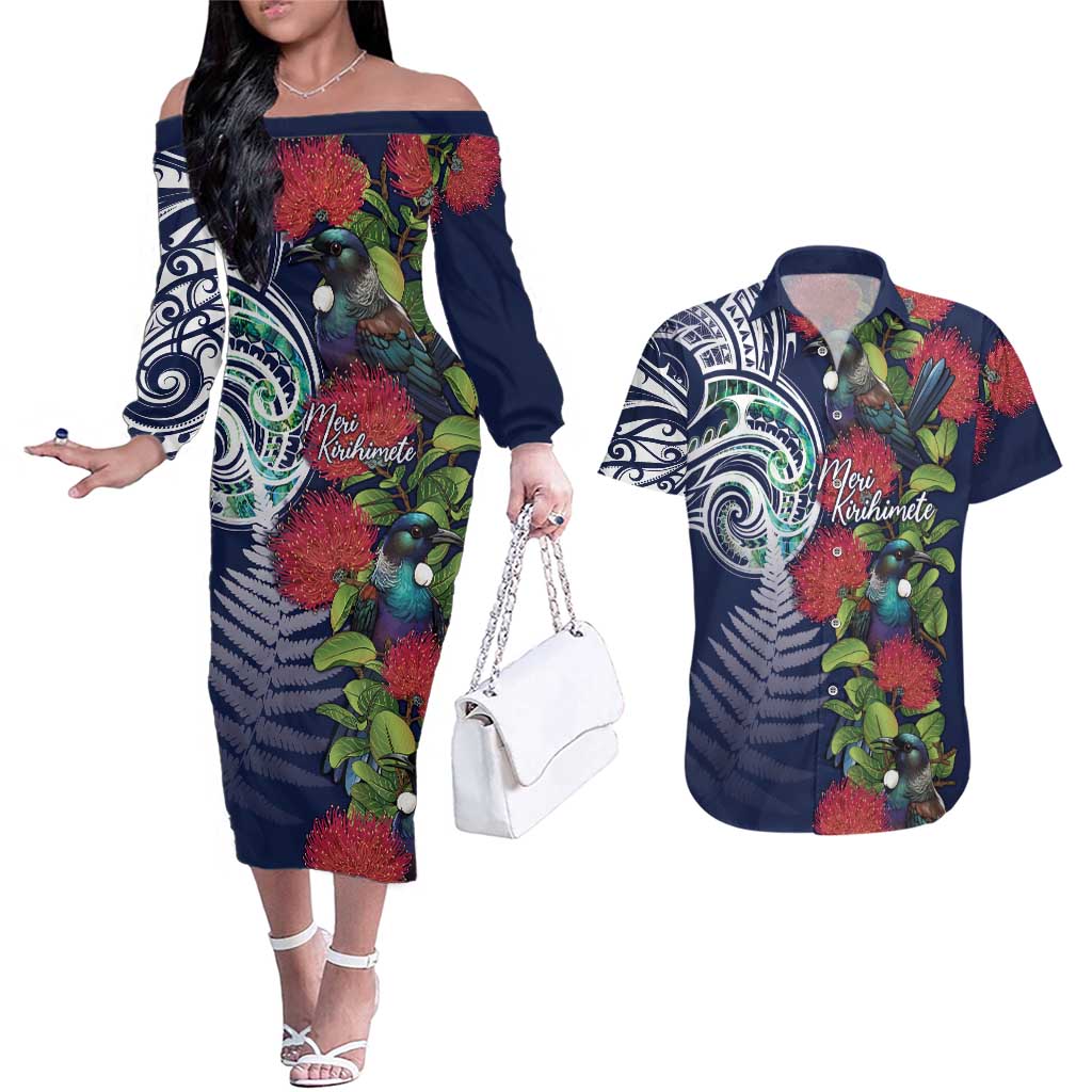 Meri Kirihimete New Zealand Couples Matching Off The Shoulder Long Sleeve Dress and Hawaiian Shirt Tui on Pohutukawa - Blue Ver