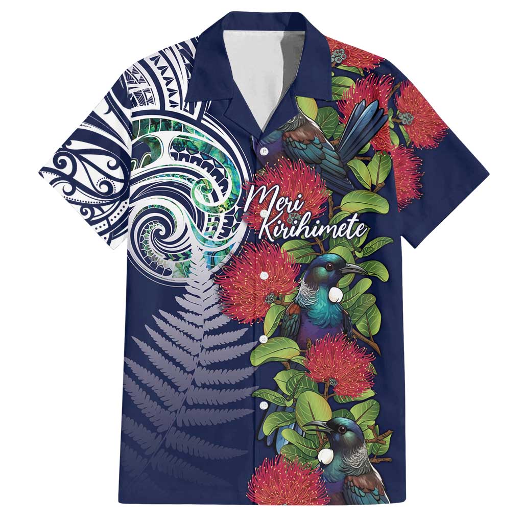 Meri Kirihimete New Zealand Family Matching Long Sleeve Bodycon Dress and Hawaiian Shirt Tui on Pohutukawa - Blue Ver LT7 Dad's Shirt - Short Sleeve Blue - Polynesian Pride