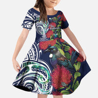 Meri Kirihimete New Zealand Family Matching Mermaid Dress and Hawaiian Shirt Tui on Pohutukawa - Blue Ver LT7 Daughter's Dress Blue - Polynesian Pride