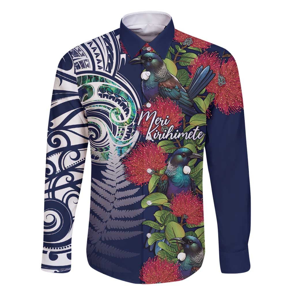 Meri Kirihimete New Zealand Family Matching Mermaid Dress and Hawaiian Shirt Tui on Pohutukawa - Blue Ver LT7 Dad's Shirt - Long Sleeve Blue - Polynesian Pride