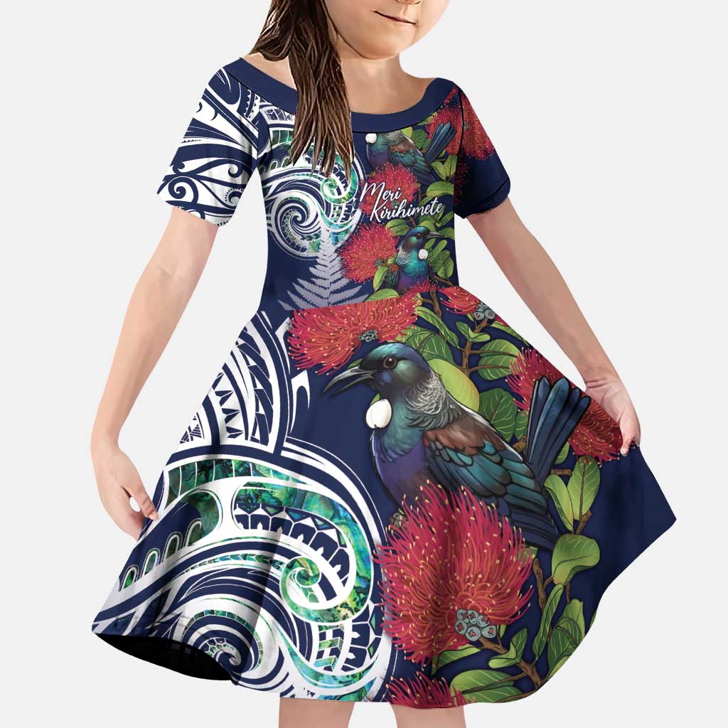 Meri Kirihimete New Zealand Family Matching Puletasi and Hawaiian Shirt Tui on Pohutukawa - Blue Ver LT7 Daughter's Dress Blue - Polynesian Pride