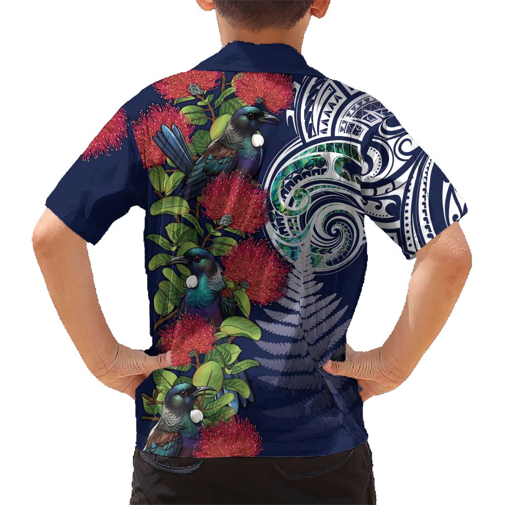 Meri Kirihimete New Zealand Family Matching Short Sleeve Bodycon Dress and Hawaiian Shirt Tui on Pohutukawa - Blue Ver LT7 - Polynesian Pride