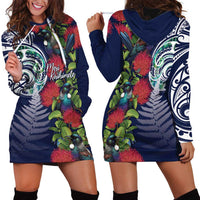 Meri Kirihimete New Zealand Hoodie Dress Tui on Pohutukawa - Blue Ver