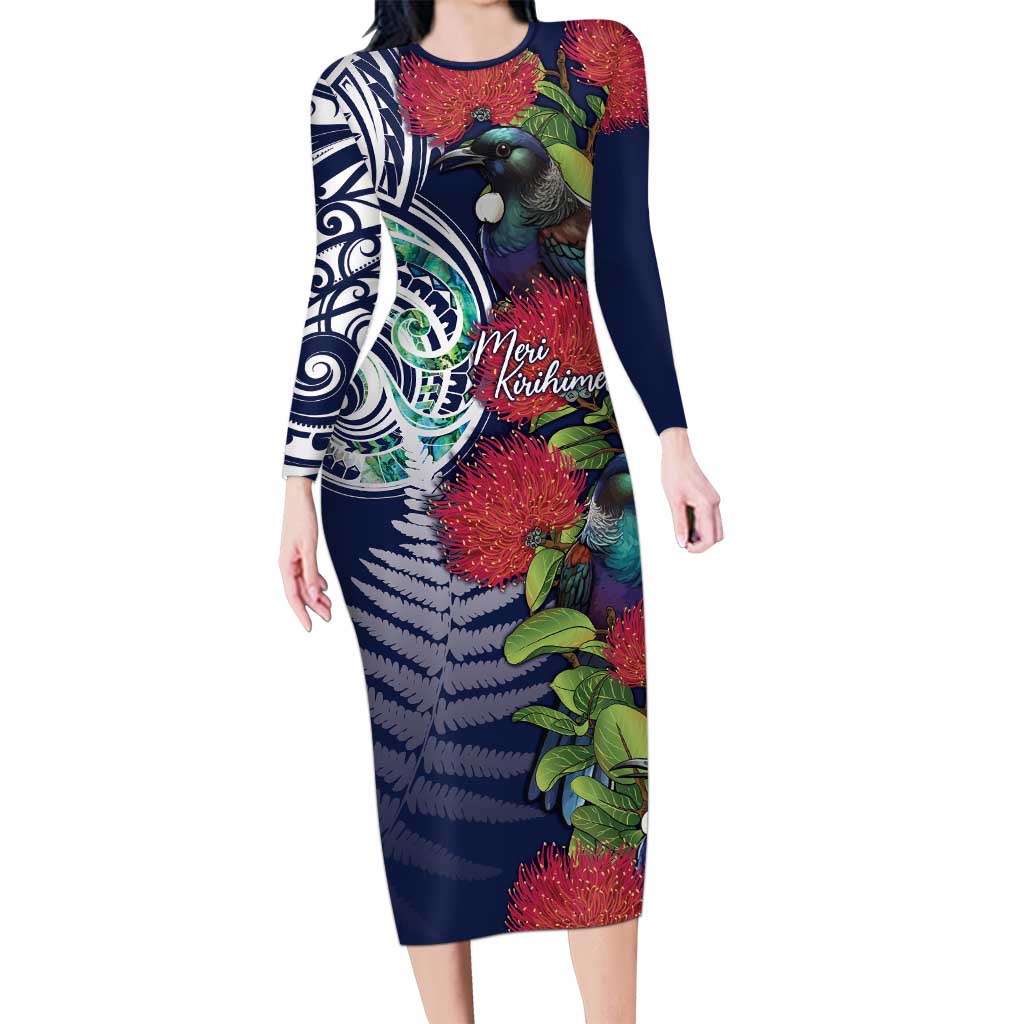 Meri Kirihimete New Zealand Long Sleeve Bodycon Dress Tui on Pohutukawa - Blue Ver LT7 Long Dress Blue - Polynesian Pride