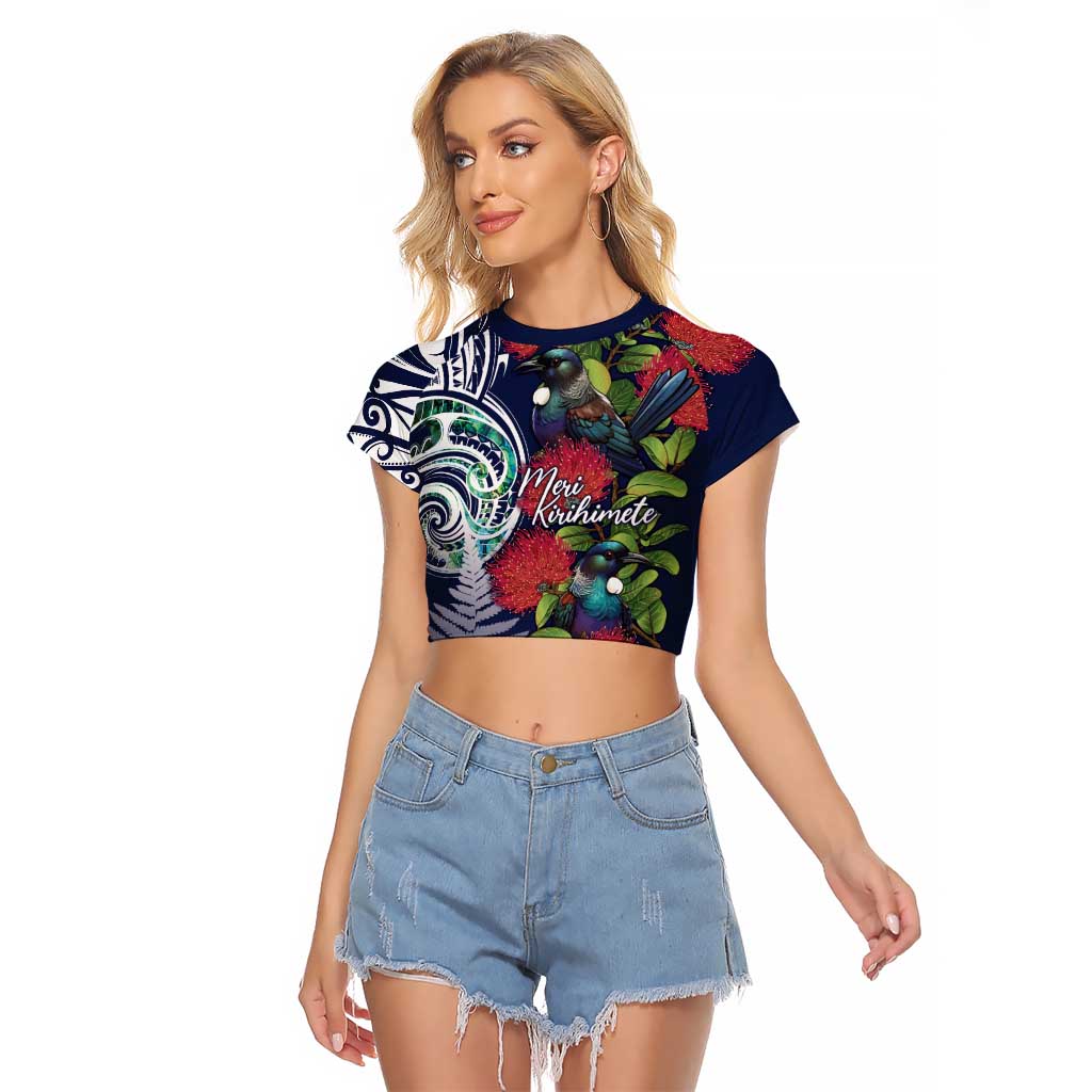 Meri Kirihimete New Zealand Raglan Cropped T Shirt Tui on Pohutukawa - Blue Ver LT7 Female Blue - Polynesian Pride