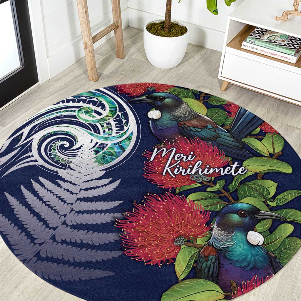 Meri Kirihimete New Zealand Round Carpet Tui on Pohutukawa - Blue Ver