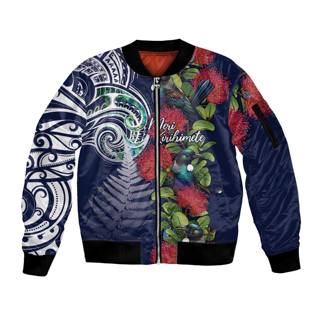 Meri Kirihimete New Zealand Sleeve Zip Bomber Jacket Tui on Pohutukawa - Blue Ver