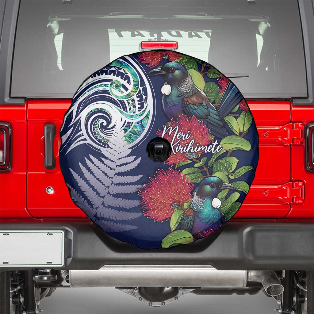 Meri Kirihimete New Zealand Spare Tire Cover Tui on Pohutukawa - Blue Ver