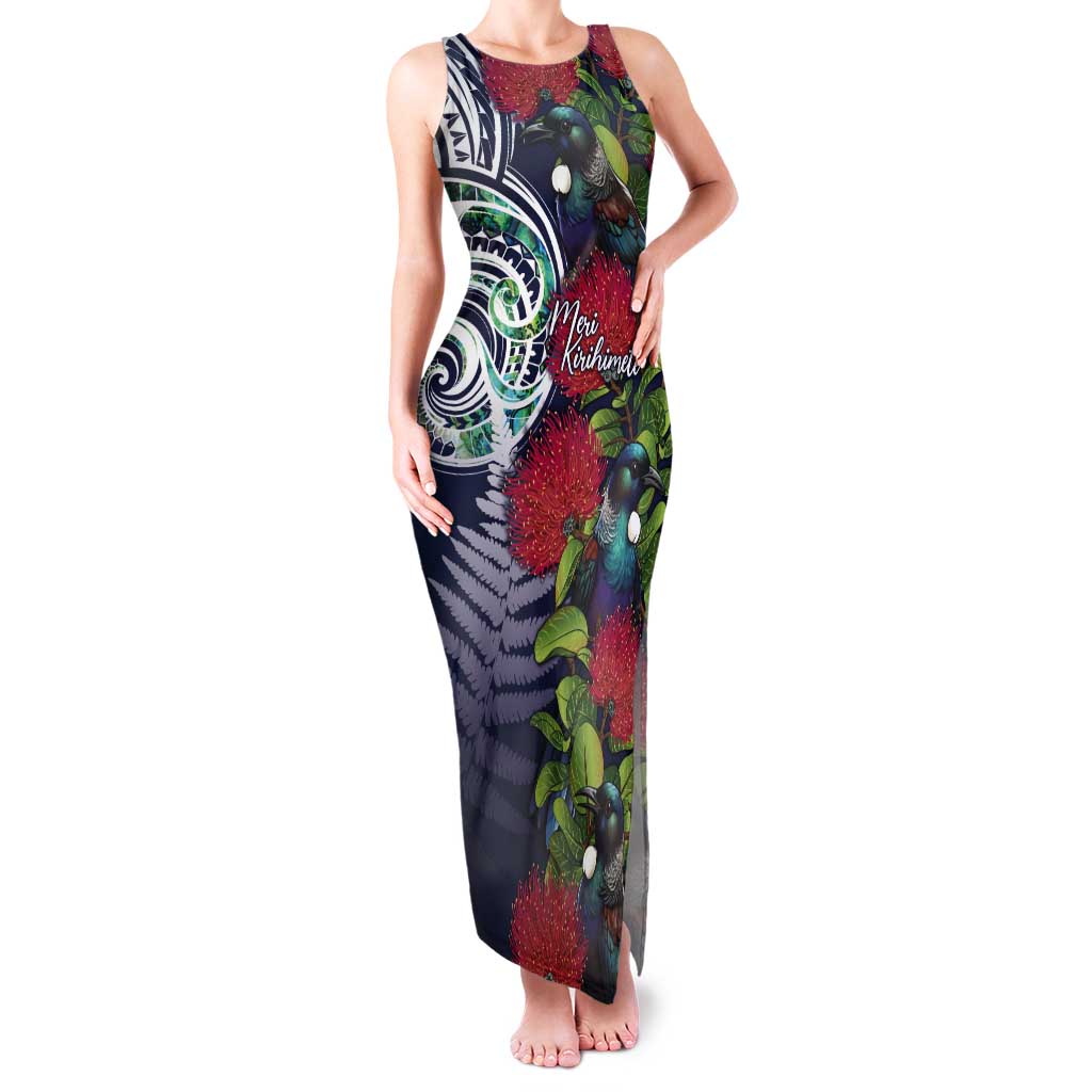 Meri Kirihimete New Zealand Tank Maxi Dress Tui on Pohutukawa - Blue Ver