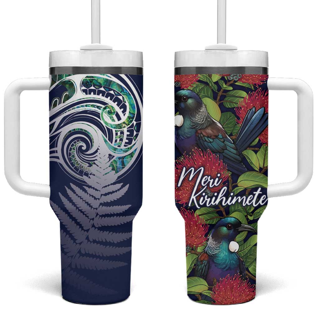 Meri Kirihimete New Zealand Tumbler With Handle Tui on Pohutukawa - Blue Ver