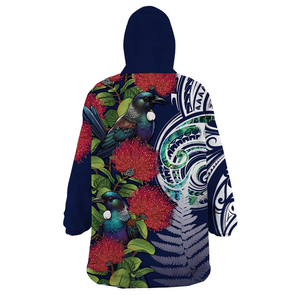 Meri Kirihimete New Zealand Wearable Blanket Hoodie Tui on Pohutukawa - Blue Ver