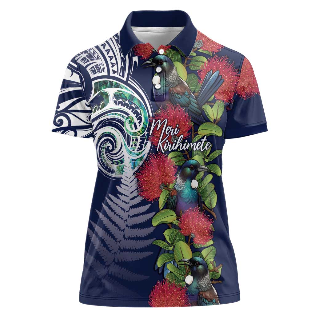 Meri Kirihimete New Zealand Women Polo Shirt Tui on Pohutukawa - Blue Ver LT7 Female Blue - Polynesian Pride