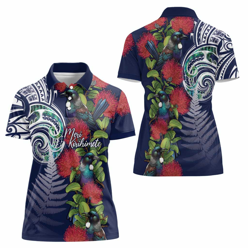 Meri Kirihimete New Zealand Women Polo Shirt Tui on Pohutukawa - Blue Ver LT7 - Polynesian Pride