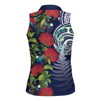 Meri Kirihimete New Zealand Women Sleeveless Polo Shirt Tui on Pohutukawa - Blue Ver LT7 - Polynesian Pride