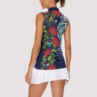 Meri Kirihimete New Zealand Women Sleeveless Polo Shirt Tui on Pohutukawa - Blue Ver LT7 - Polynesian Pride