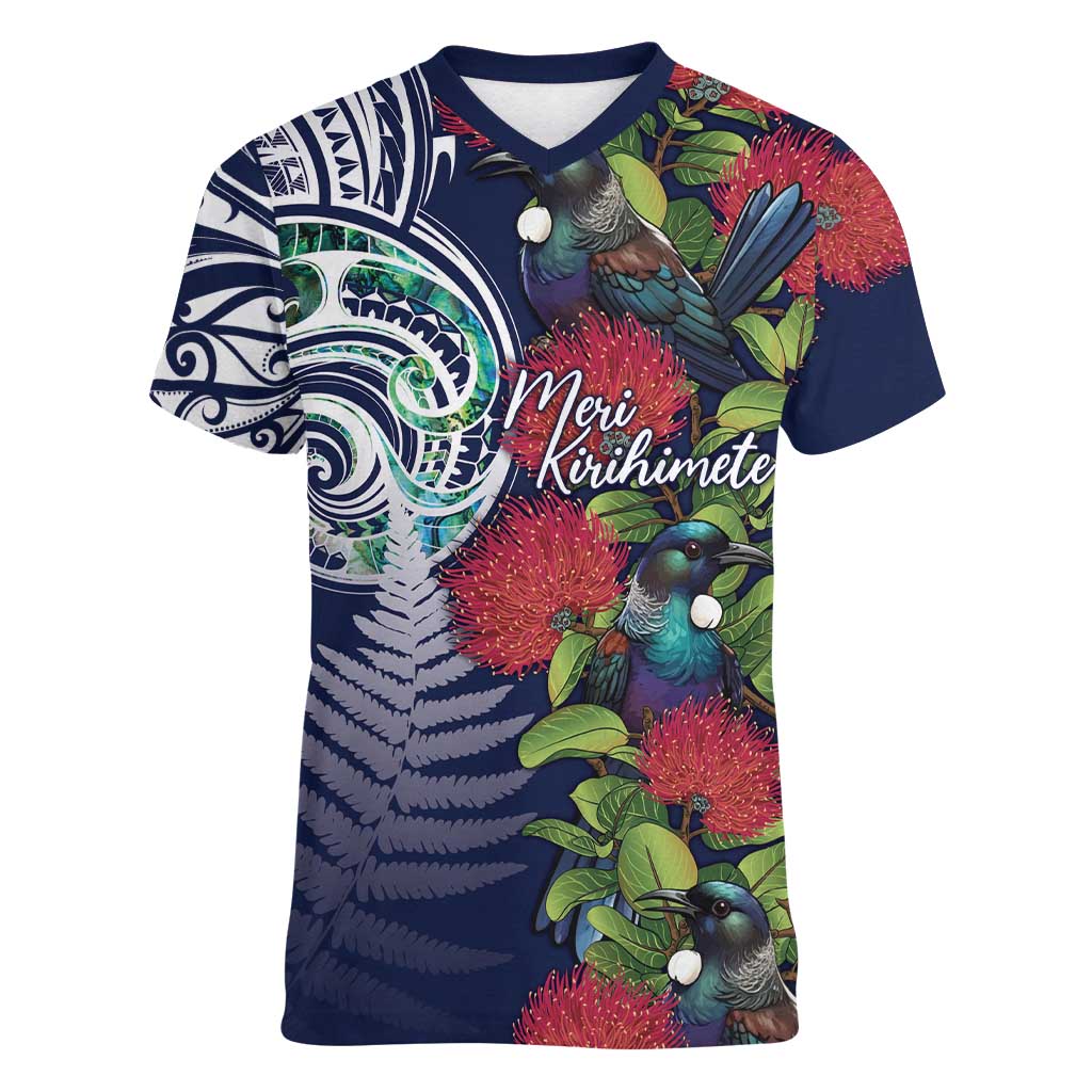 Meri Kirihimete New Zealand Women V-Neck T-Shirt Tui on Pohutukawa - Blue Ver LT7 Female Blue - Polynesian Pride