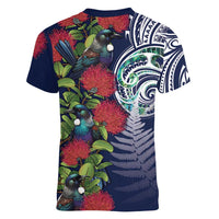 Meri Kirihimete New Zealand Women V-Neck T-Shirt Tui on Pohutukawa - Blue Ver LT7 - Polynesian Pride